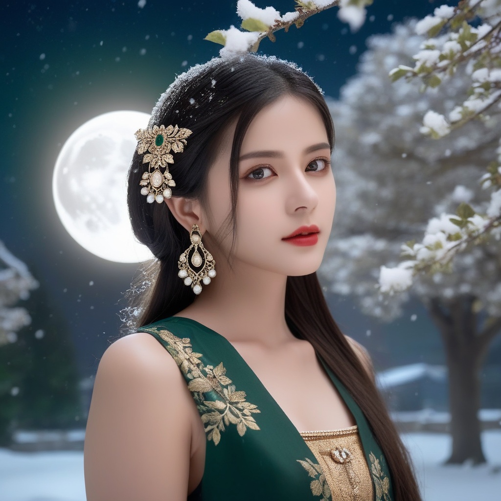 (,1girl, ,best quality, ),,  picture-perfect face,   clean, masterpiece,     cinematic lighting, cinematic bloom, fantasy,  , unreal, science fiction, ((,1girl, pov,))(((,tree, 1girl, full moon,snowing,snow ,solo,     solo focus,  long_hair, looking_at_viewer,  )))  (rich:1.4,)     prestige, luxury, jewelry, diamond, gold, pearl, gem, sapphire, ruby, emerald, intricate detail, delicate pattern, charming, alluring, seductive, erotic, enchanting, hair ornament, necklace, earrings, bracelet, , <lora:823-DA-XL-国模-恶女-VIVI:0.8>,