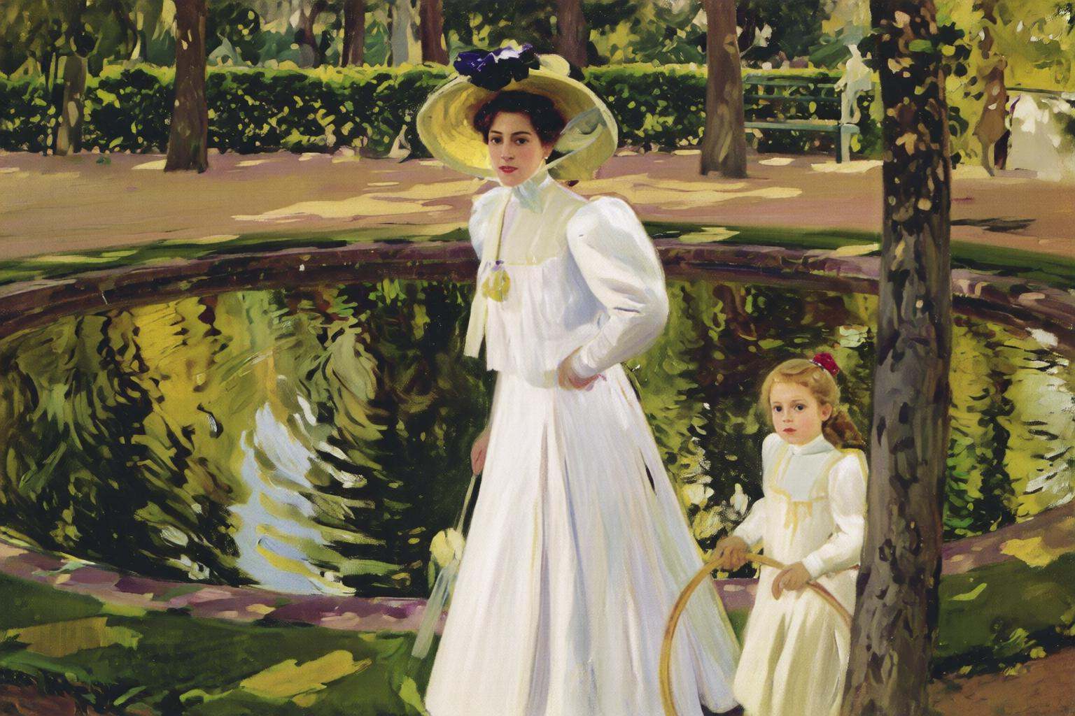joaquinsorolla3q painting.A woman and a young girl are walking in a garden,  dressed in elegant,  vintage-style clothing....