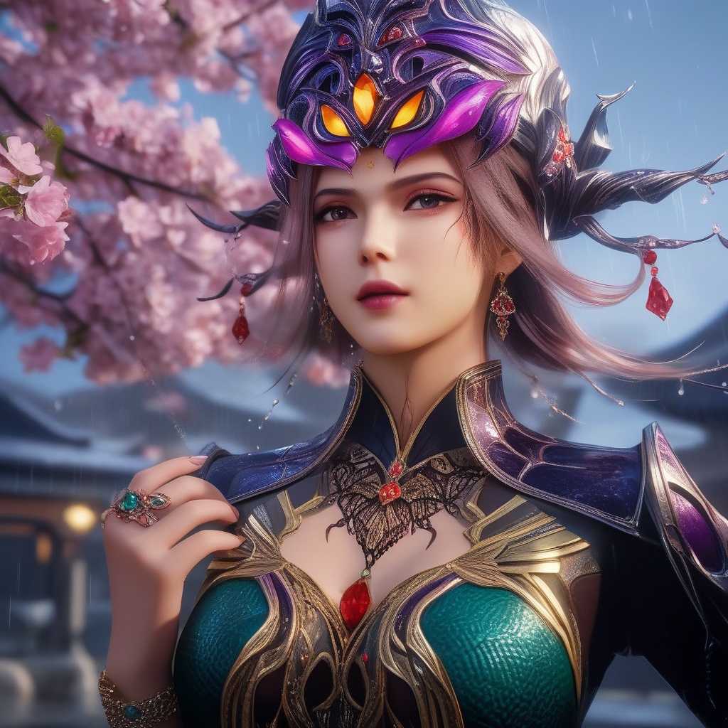<lora:833-DA-XL-斗罗大陆-比比东-罗刹神:0.8>, (,1girl, ,best quality, ),,  ,,ultra detailed 8k cg, ultra detailed background ,ultra realistic 8k cg,          cinematic lighting, cinematic bloom, (( , )),,  , unreal, science fiction,  luxury, jewelry, diamond, pearl, gem, sapphire, ruby, emerald, intricate detail, delicate pattern, charming, alluring, seductive, erotic, enchanting, hair ornament, necklace, earrings, bracelet, armlet,halo,masterpiece, (( , )),, realistic,science fiction,mole,   ,cherry blossoms,,(((Best quality, masterpiece, ultra high res, (photorealistic:1.4), raw photo, 1girl, ,rain, , sunlight, sunset,     )))  (cleavage),stylish_pose,  (), butterfly,