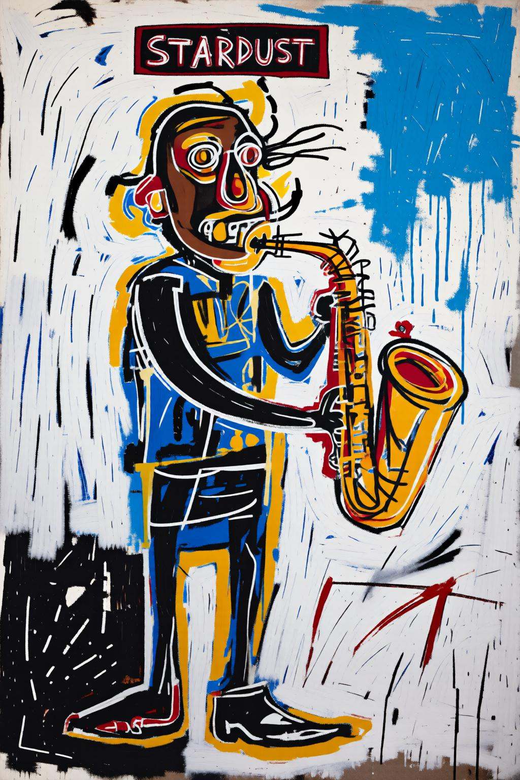 jeanmichelbasquiat2q painting.A saxophonist with exaggerated features,  standing against a predominantly white background...