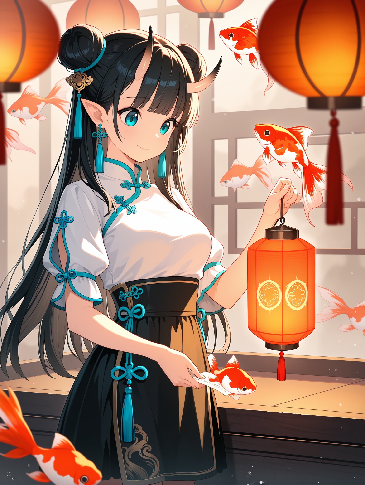 1girl, solo, long hair, blue eyes, black hair, aqua eyes, happy, closed mouth,medium breasts, hair bun, double bun, horns,blunt bangs, looking at object, looking at lantern, holding lantern,bend over, shirt, skirt, long sleeves, ribbon, jewelry, white shirt, short sleeves, earrings, pointy ears, black skirt, puffy short sleeves, chinese clothes, tassel, lantern, tassel earrings, paper lantern, goldfish, tassel hair ornament, koi, flying fishï¼Œ, Blurred foreground,depth of field, cowboy shot, ,masterpiece,best quality,amazing quality,