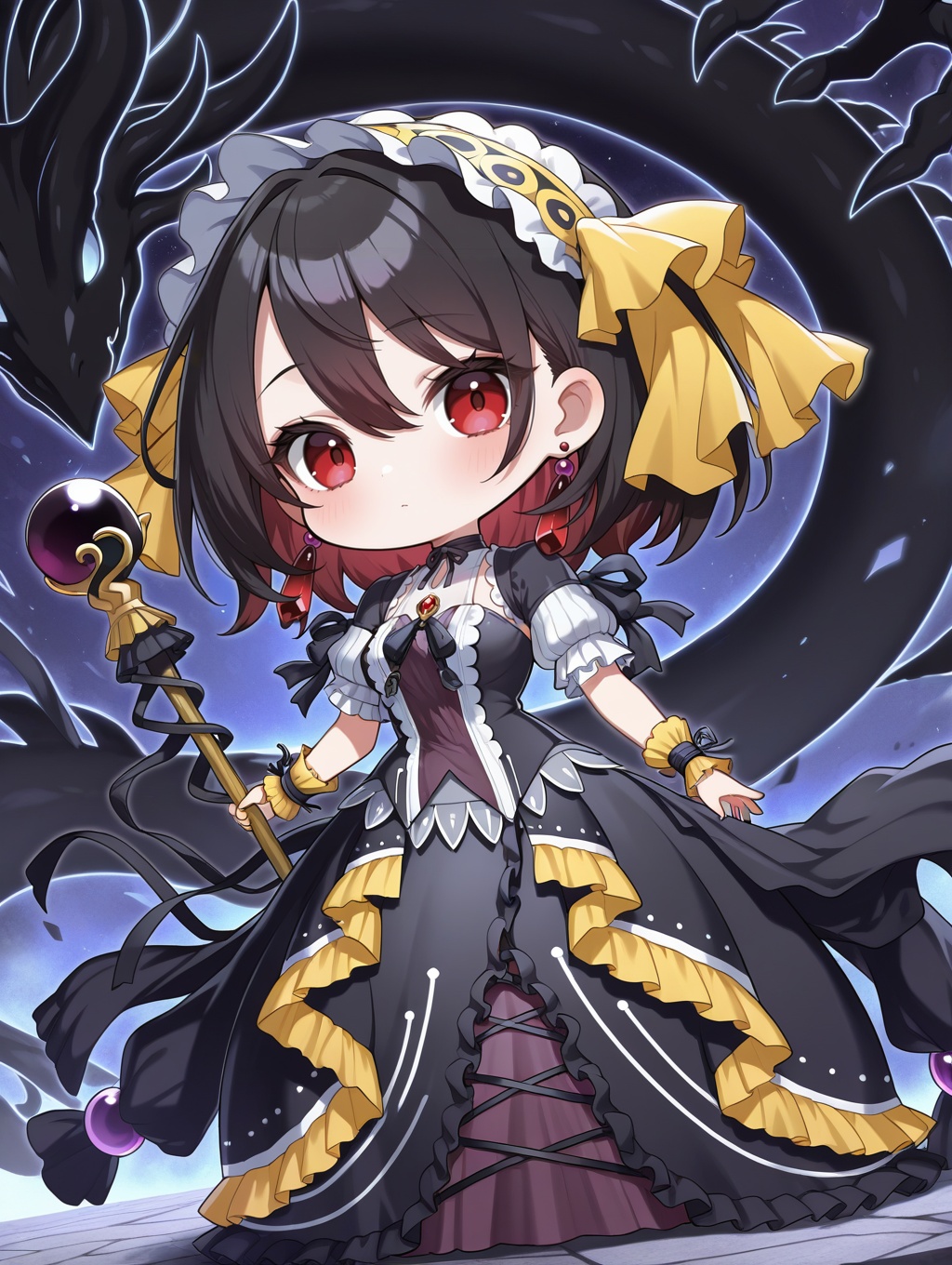 underworld goddess of the closed world,  black princess dress,  yellow short sleeves on Tensor.Art