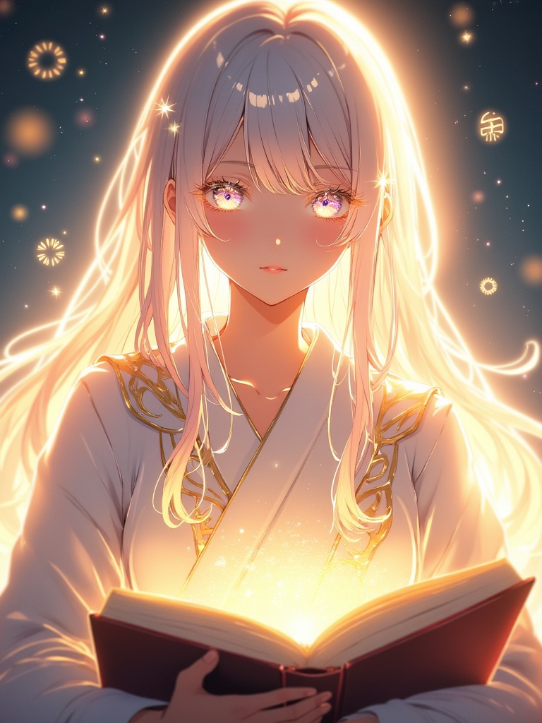 A dreamy mage apprentice,  a delicate female with pale blonde hair flowing like silk and light purple eyes glowing faintly...