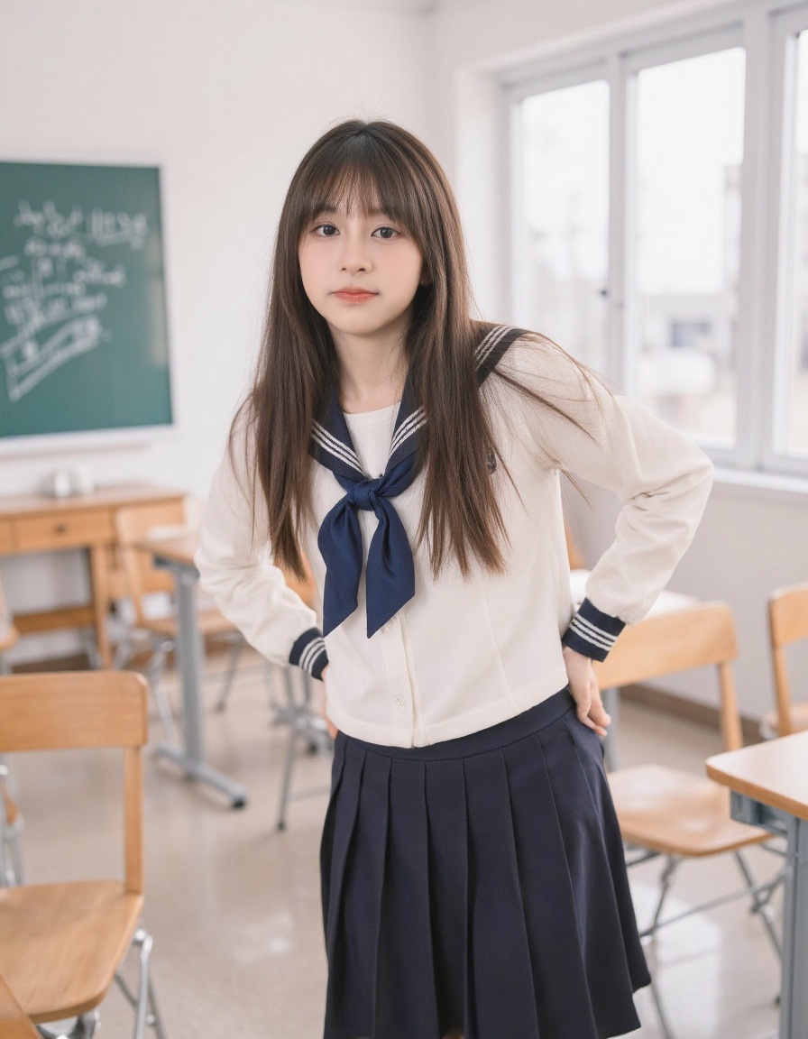 A young girl wearing a traditional Japanese sailor school uniform,  She has long,  straight dark hair with bangs and an ex...