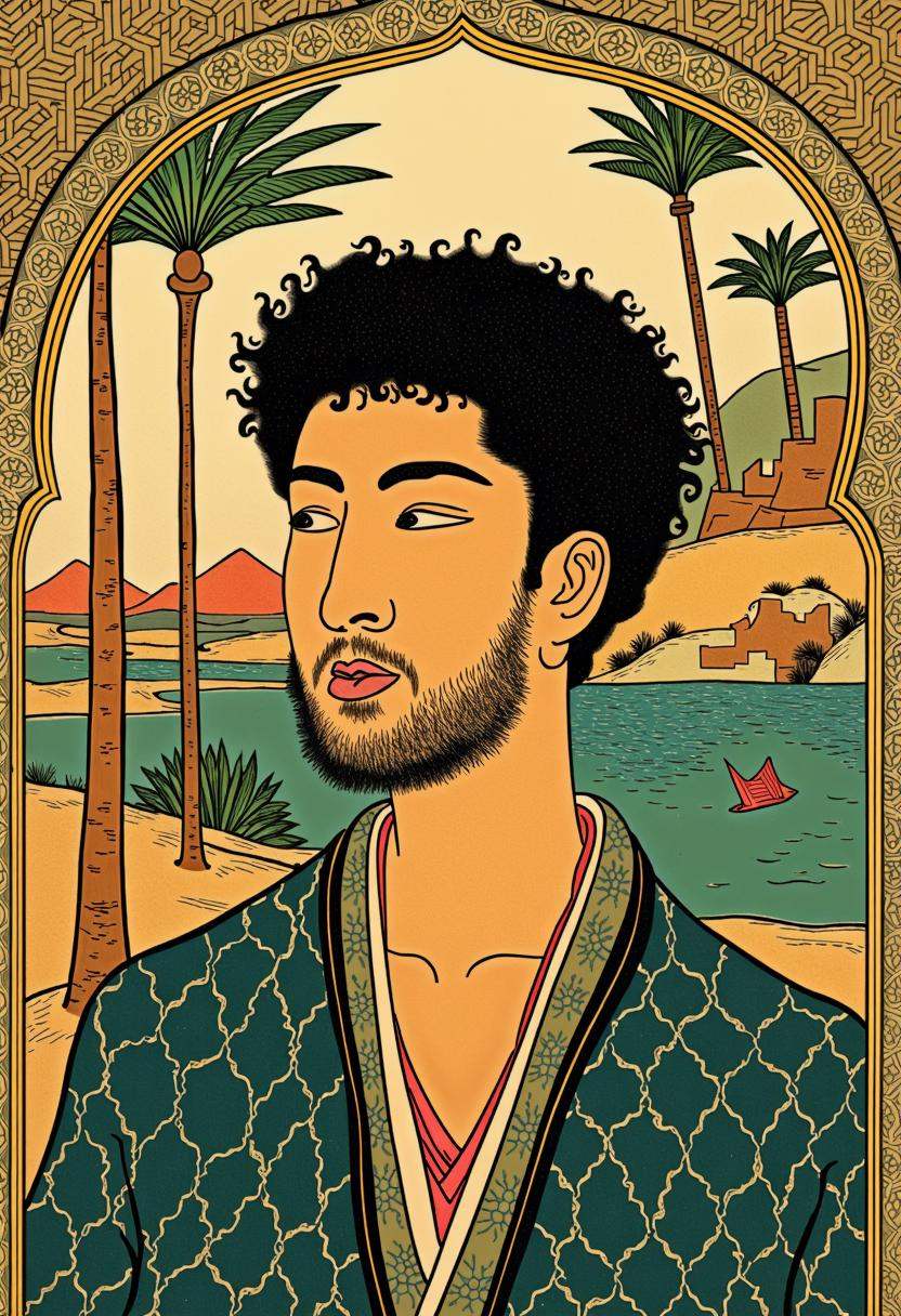 a portrait of a Moroccan man using the Shunga art style,  merging traditional Moroccan and Japanese artistic elements. The...