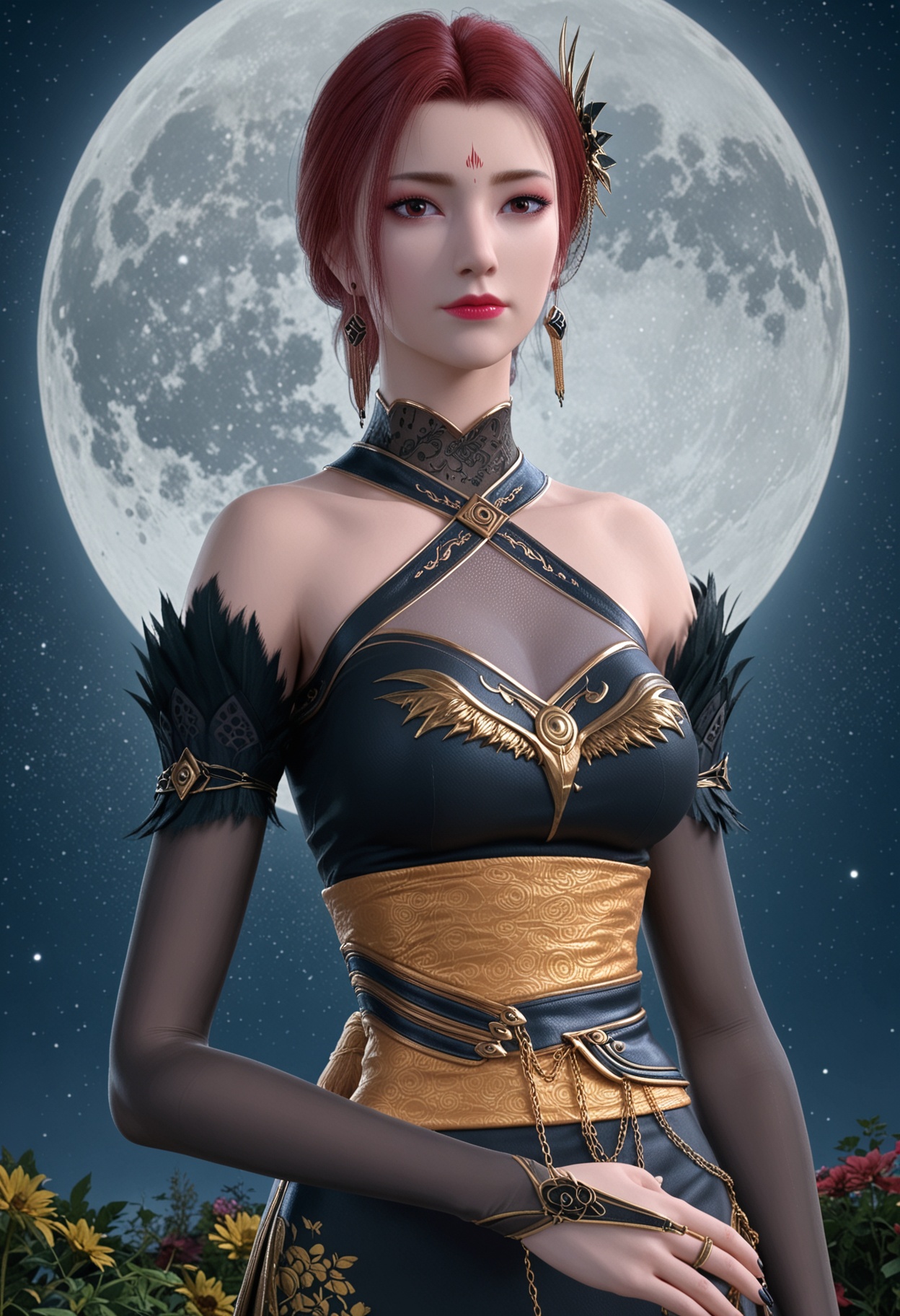 score_9,1girl,solo,(upper_body:1.2),looking at viewer,(moon:1.1),(night:1.1),sky,night sky,(full moon:1.1),(huge planetary background:1.1),moonlight,BREAK <lora:YQponyyafeiV2:0.8>,1girl,solo,jewelry,red_hair,earrings,bare_shoulders,dress,short_hair,hair_ornament,score_9,black_dress,detached_sleeves,forehead_mark,brown_eyes,realistic,brown_hair,bridal_gauntlets,halterneck,single_hair_bun,hair_bun,high_heels,pantyhose,side_slit,halter_dress,