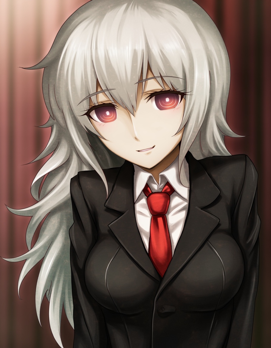 a girl with long white hair and vibrant blood red eyes,  wearing a black suit with a red tie,  smiling teasingly on Tensor...