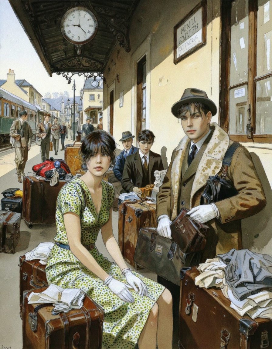 By Jean-Pierre Gibrat. A vintage illustration from the side about a woman in a green dress sitting among suitcases in a tr...