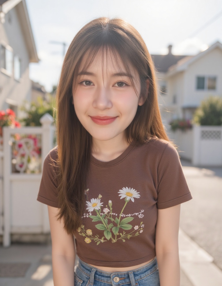 A young woman with a disproportionately large head (Bighead style),  standing outdoors in a warm,  sunlit suburban setting...