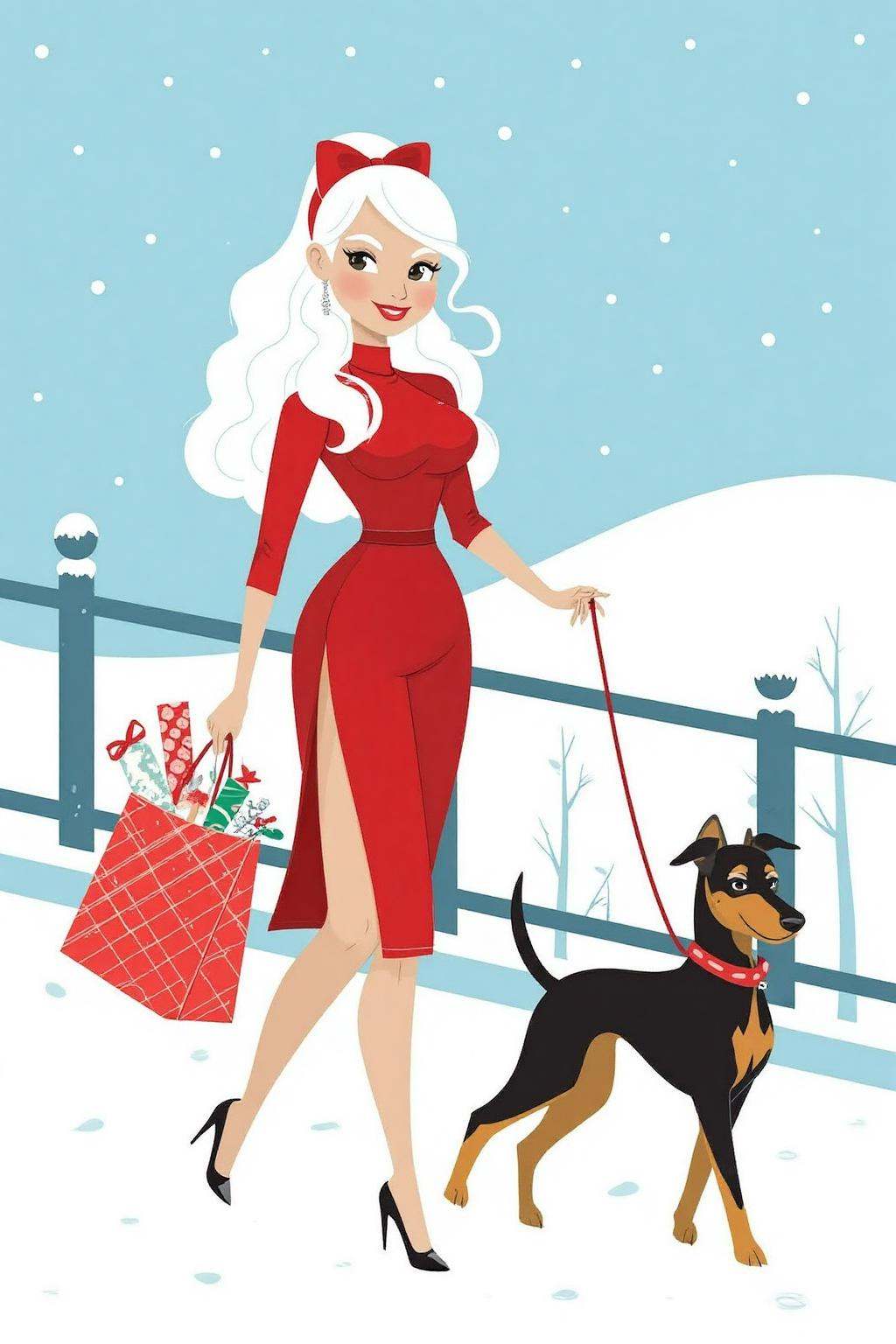 vector art. A woman with long,  wavy white hair is wearing a red dress with a high slit and a red bow in her hair. She is...
