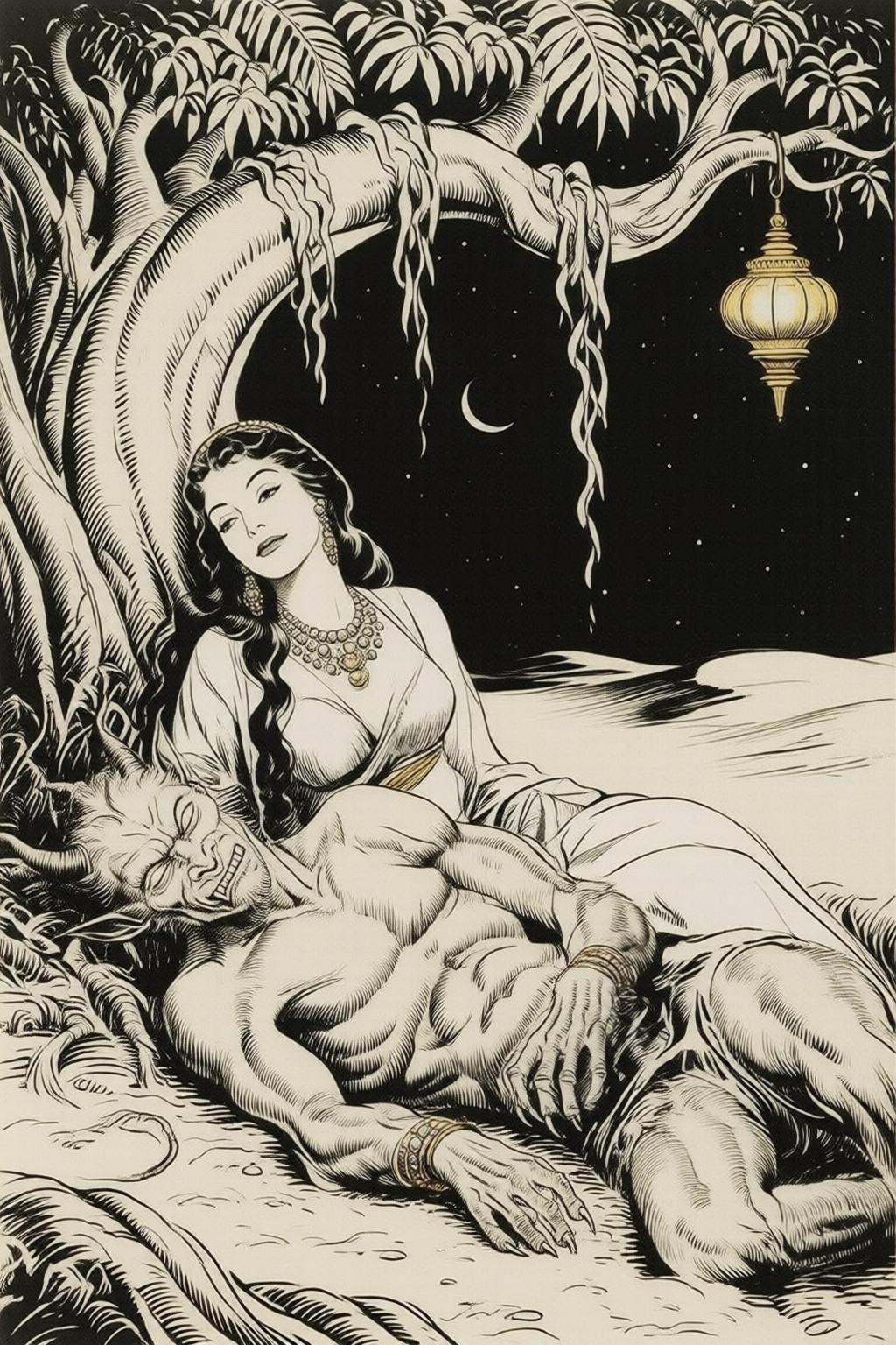alexraymond2q illustration. Black and white drawing. a scene from Arabian Nights,  rendered in intricate,  colorful detail...