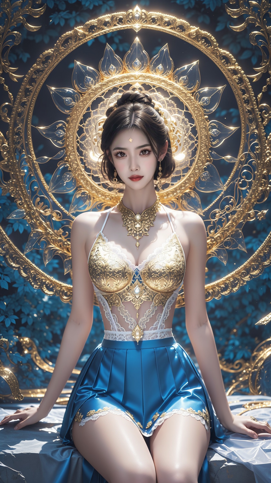 <lora:墨烟幻想篇-禅宗V1:0.6>,<lora:ClothingAdjuster2:-0.8>,<lora:PerfectFullBreasts-fCV3:0.8>,solo,realistic,masterpiece,best quality,bright colors,(big breasts:1.2),(bouncing breasts:1.2),(Big chest:1.2),(slender_waist:1.2),(narrow_waist:1.2),absurdres,ultra detailed,(1girl:1.3),BREAKlettering art,creative typography,expressive styles,intricate details,visual communication,unique design,BREAKdigital collage,mixed-media manipulation,layered imagery,surreal compositions,visual storytelling,contemporary art,blended techniques,(long legs:1.3),jewelry,dress,necklace,black hair,earrings,hair ornament,forehead mark,(Vintage lace Blouse with high-waisted skirt: Pair a vintage lace blouse with a high-waisted skirt and vintage stilettos for a classy, vintage look.:1.3),(gold and red:1.4),(The slender waist and slender arms give people a slim and graceful feeling.:1.2),(Sitting Pose with Legs Spread, Sitting with legs slightly spread, showcasing confidence and allure:1.3),(Straight haircut:1.2),(Deep mountains and dense forests: dense trees surround the quiet valley, and the sun shines through the leaves, giving people a mysterious and beautiful feeling.),