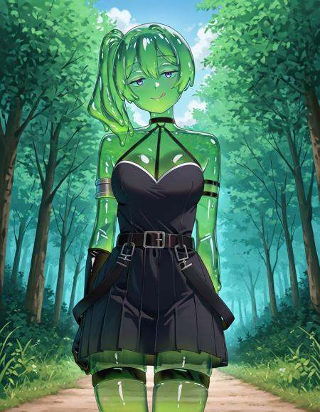 amazing quality,very aesthetic,absurdres,best quality,newest,masterpiece,4k resolution,highres, very aesthetic, detailed background, centered, view, focus,solo, female,  1girl, detailed eyes,day, forest, sadisitc smile, licking lips,  <lora:Ubel:1>, Ubel_(Sousou_no_Frieren), purple_eyes, green_hair, medium_hair, side_ponytail, medium_breasts, black_dress, pleated_dress, sleeveless_dress, halterneck, o-ring_choker, black_choker, arm_strap, armlet, thigh_strap, black_belt, belt_buckle, single_elbow_glove, black_gloves, wizardslimus, goo girl, green skin color, slime skin, green hair, translucent head, translucent body, translucent  hair, translucent face,  <lora:wizardslimev25:0.8>, see-through skin, see-through head, slime girl, slime hair, 