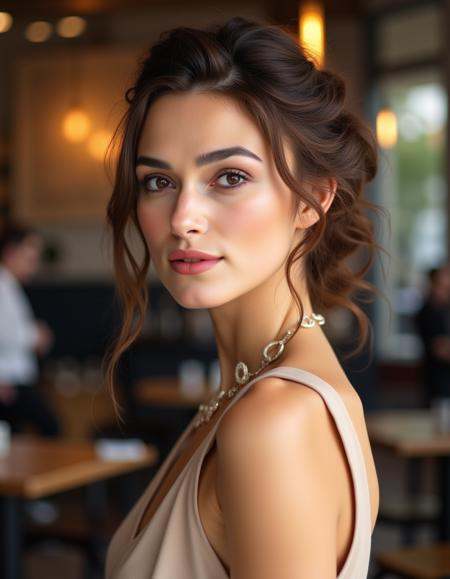 beautiful detailed photograph,  Her face is symmetrical,  sophisticated aesthetic. Her hair is an updo with a few loose st...