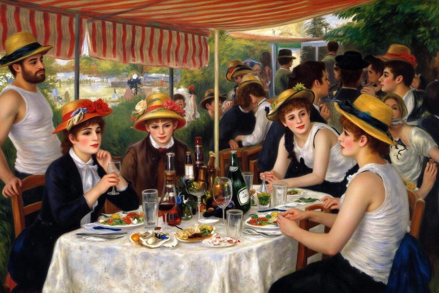 pierreaugusterenoir1 painting. A lively 19th-century French outdoor gathering set in a garden. A table with a white lace c...