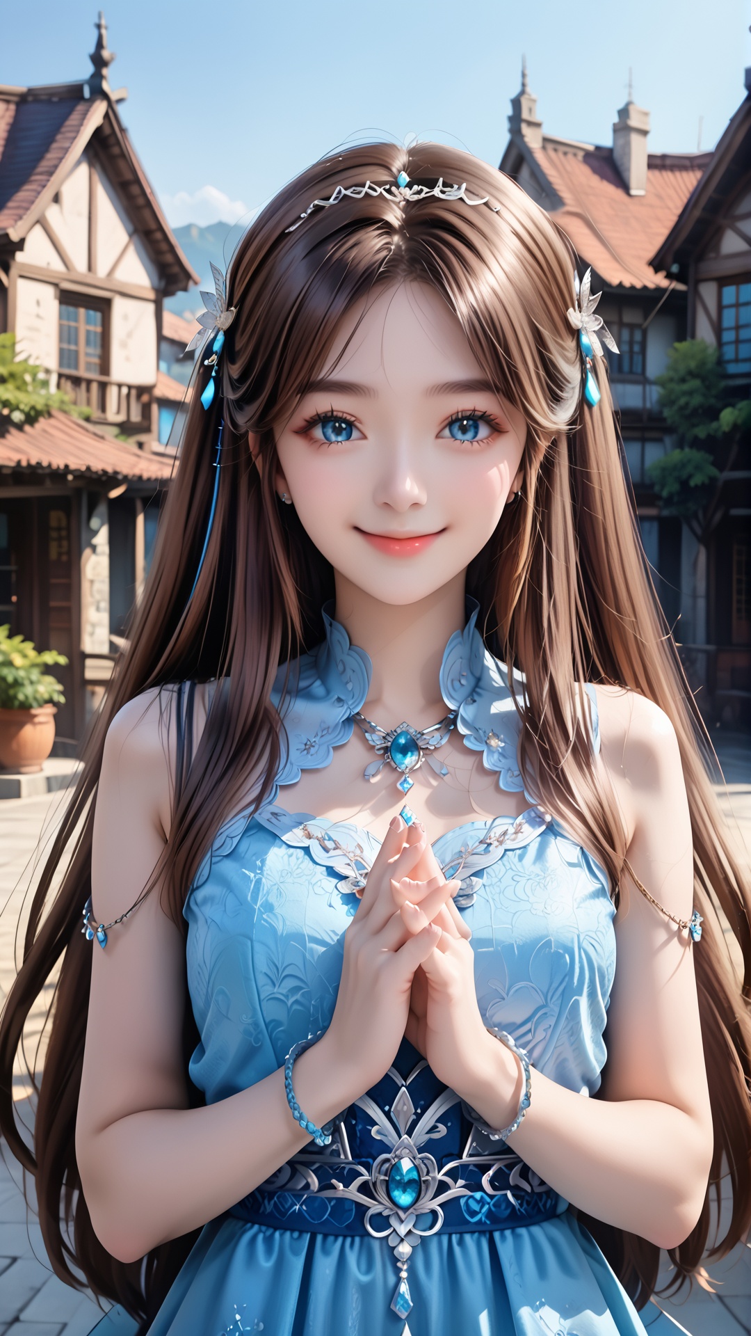 1girl,hair ornament,blue eyes,brown hair,dress,long hair,solo,smile,upper body,looking at viewer,own hands together,blue dress,bracelet,closed mouth,jewelry,sky,building,blue sky,<lora:pony宁荣荣-000008:0.7>,