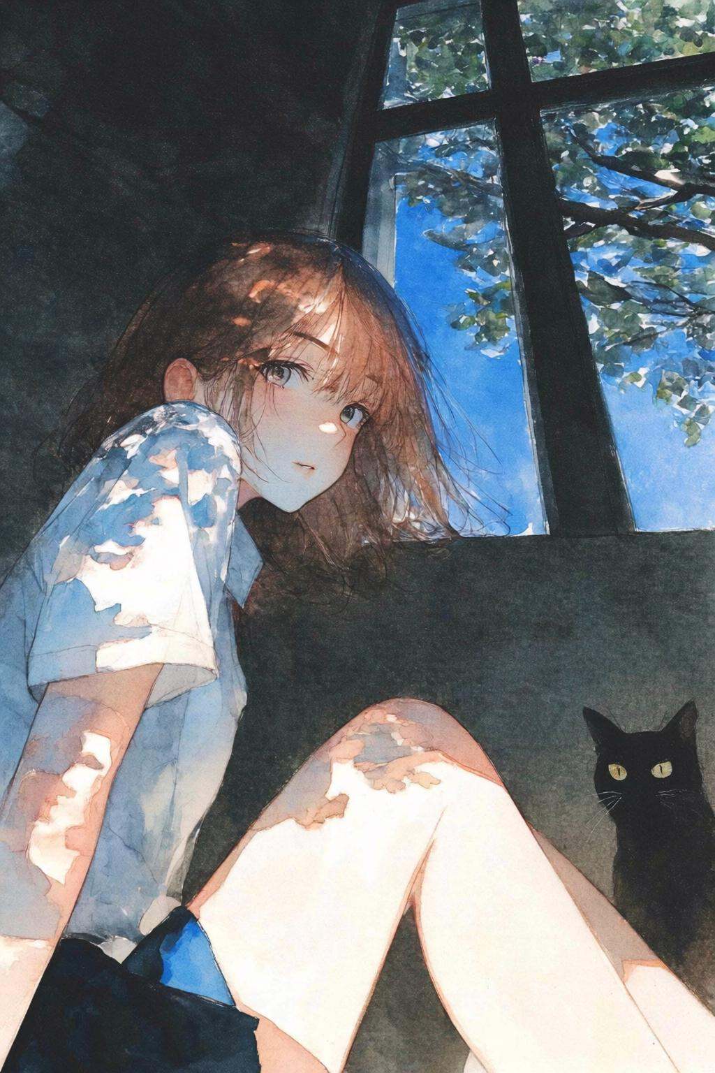 nijiwatercolor1q anime illustration. Low-angle view of a young woman,  shown in side profile,  sitting by a window. She is...