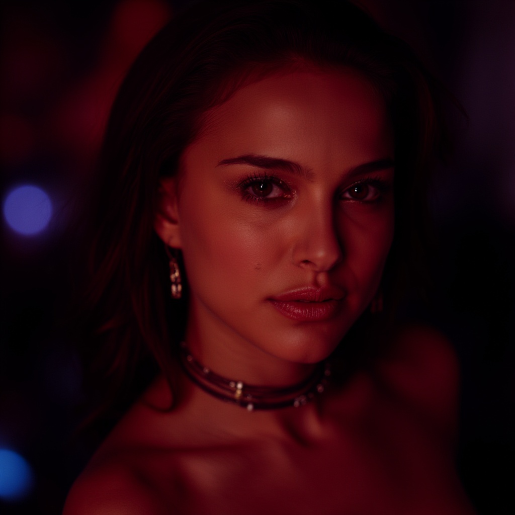 High res waist up portrait photo of a woman with glittery eye-shadow and clear glossy lip-gloss. She is looking at the vie...
