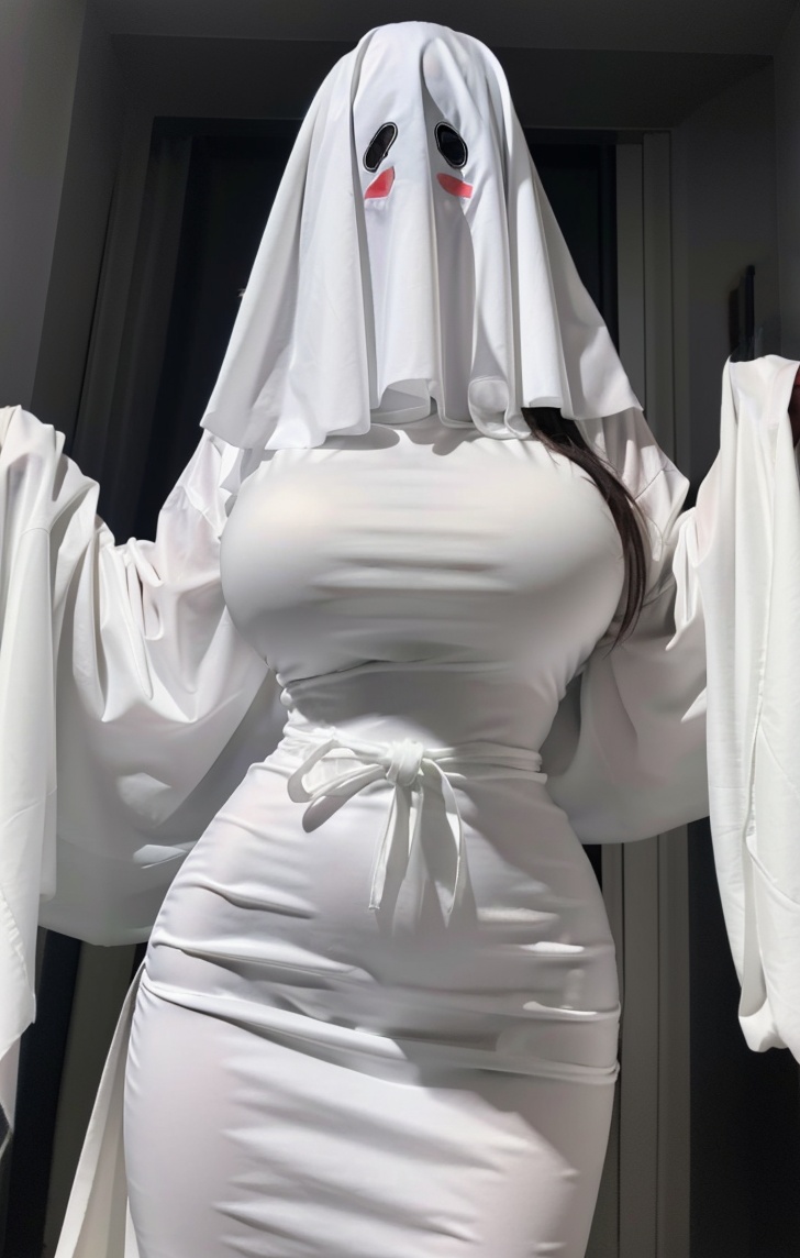 (masterpiece, best quality:1.4),finely detailed,1girl,solo,pale skin,perfect body,standing,(gigantic breasts:1.2),<lora:白色幽灵娘:0.75>,killer,(white semi-transparent ghost hood),white dress,white tight-fitting dress,black or dark green oval eyes on the hood,ghost,ghost costume,(large white ghost cape),(white cape covering the entire body),(cowboy_shot:1.2),<lora:killer Clothing Increase and decrease服装增减器v2-01:-1>,