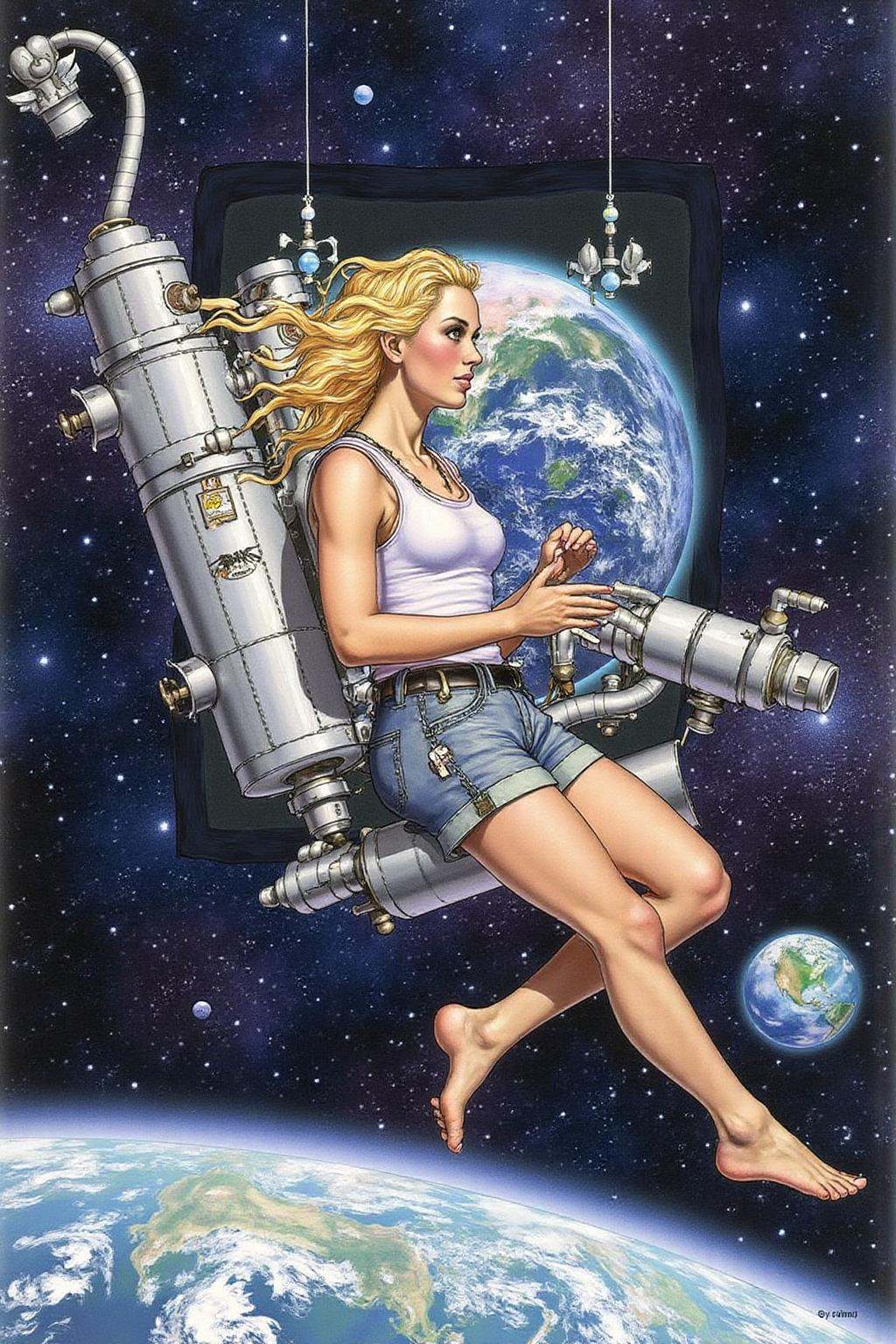 jole1 illustration.Profile view of a blonde,  floating weightless,  space station. She is wearing short shorts on Tensor.Art