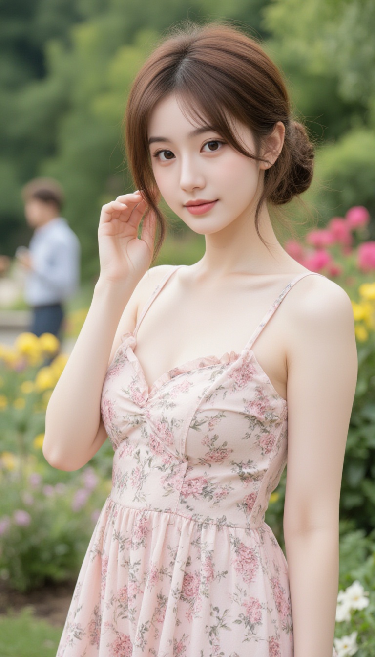 A high quality photo of a young woman with fair skin and long brown hair styled in a loose updo with some strands framing...