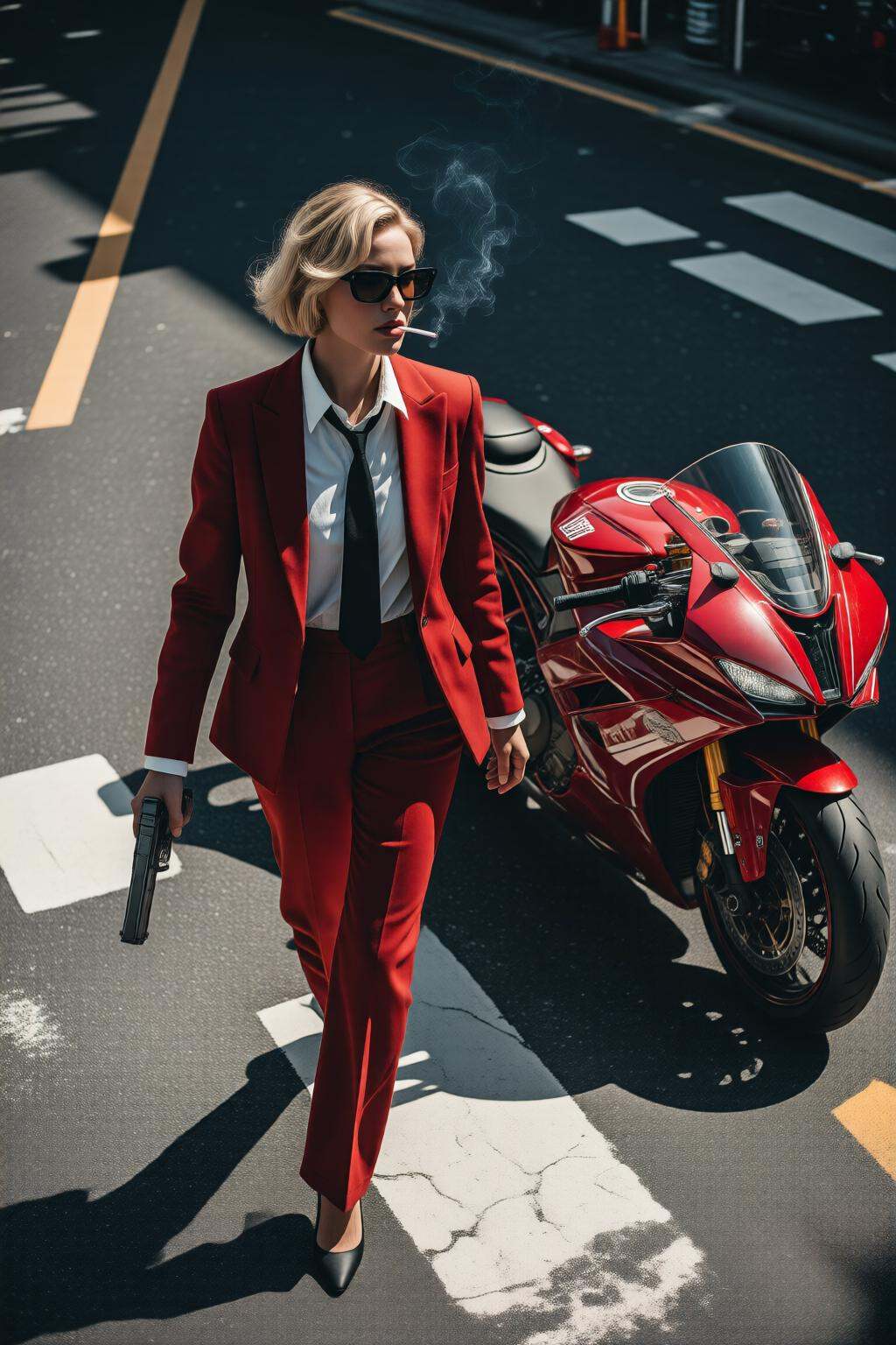 midjourneyhighangle13q High angle view.Blonde woman walking away from a futuristic motorcycle parked at a zebra crossing....