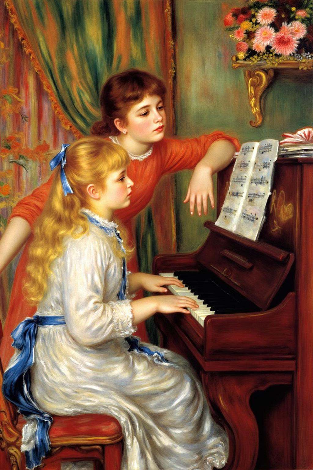 pierreaugusterenoir1 painting. Two young girls at a piano. One wears a white dress with a blue sash and a blue ribbon in h...