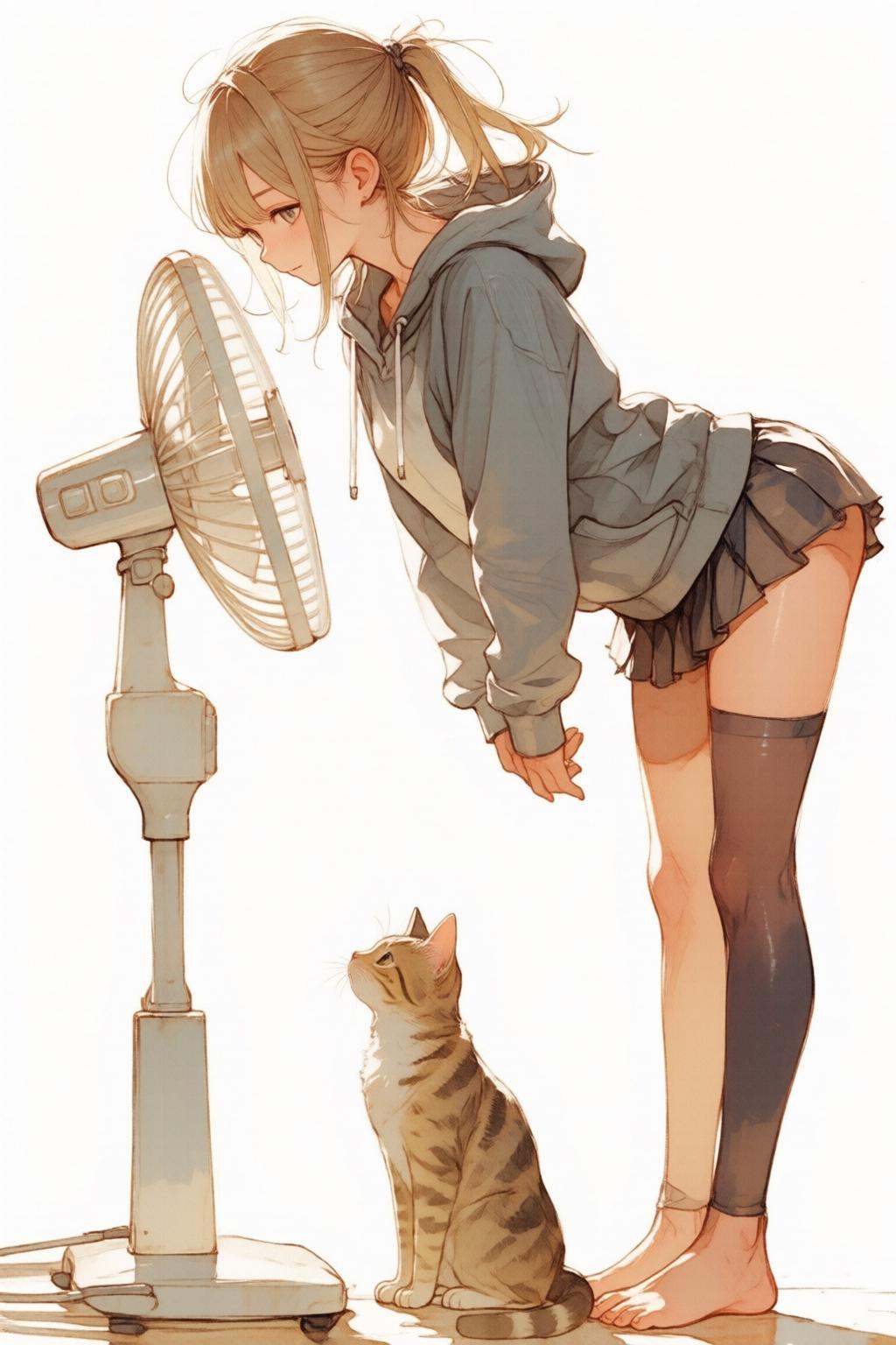 nijimix6q anime style illustration. Watercolor illustration. A young woman,  shown in side profile,  with blonde hair tied...