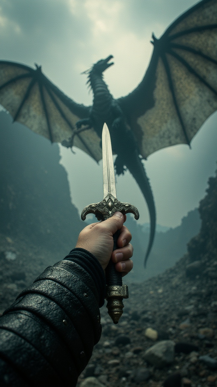 Grasping a sword handle - Hands tightly gripping a sword handle,  poised for an epic battle with a fierce dragon overhead....
