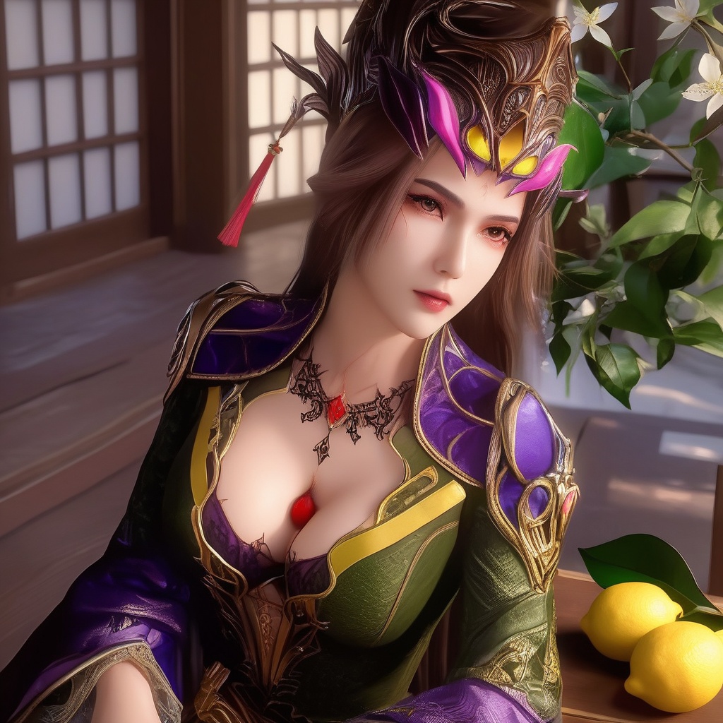 <lora:833-DA-XL-斗罗大陆-比比东-罗刹神:0.8>, (,1girl, ,best quality, ),,  ,ultra realistic 8k cg, ,masterpiece, (( , )),,  fiction,mole, ,      , lemon blossoms,  (cleavage),,  (), ,,(sit),