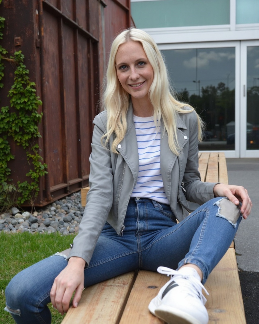 A high-resolution photograph of poppy_delevingne seated on a wooden bench in an urban setting. She has long,  straight blo...
