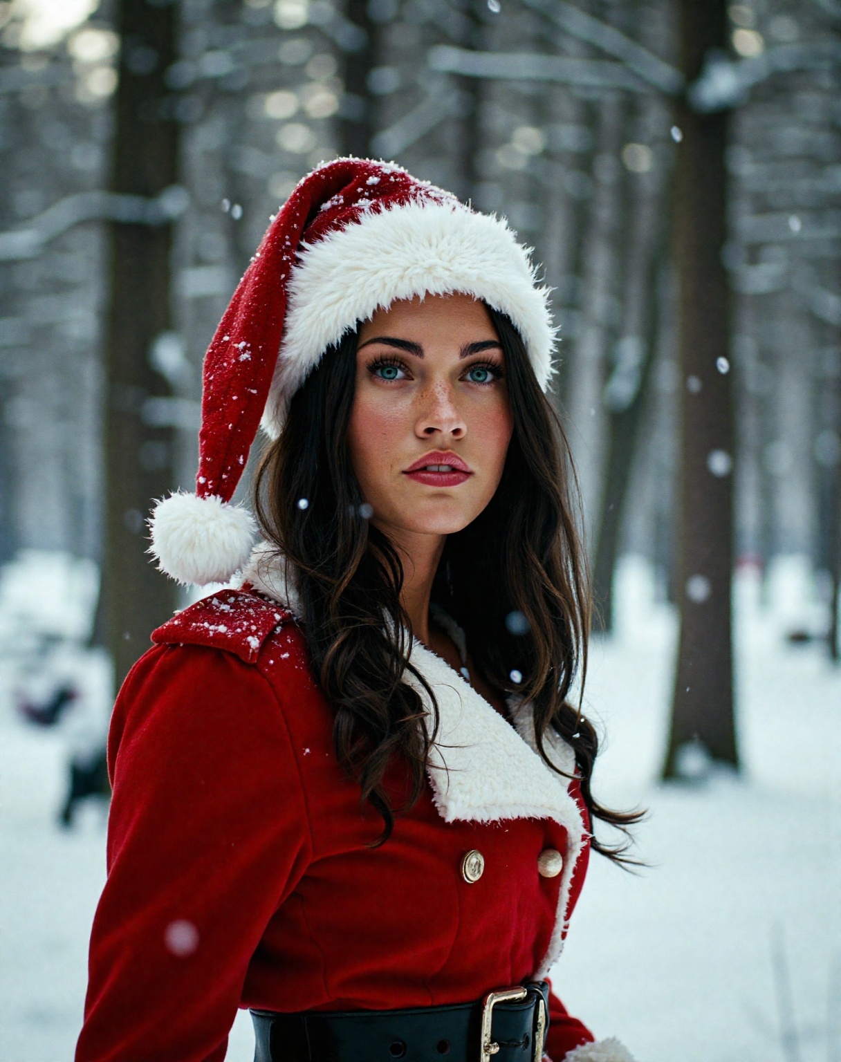 Megan Fox stands amidst the serene beauty of a snow-covered forest,  her striking presence enhanced by the festive outfit...