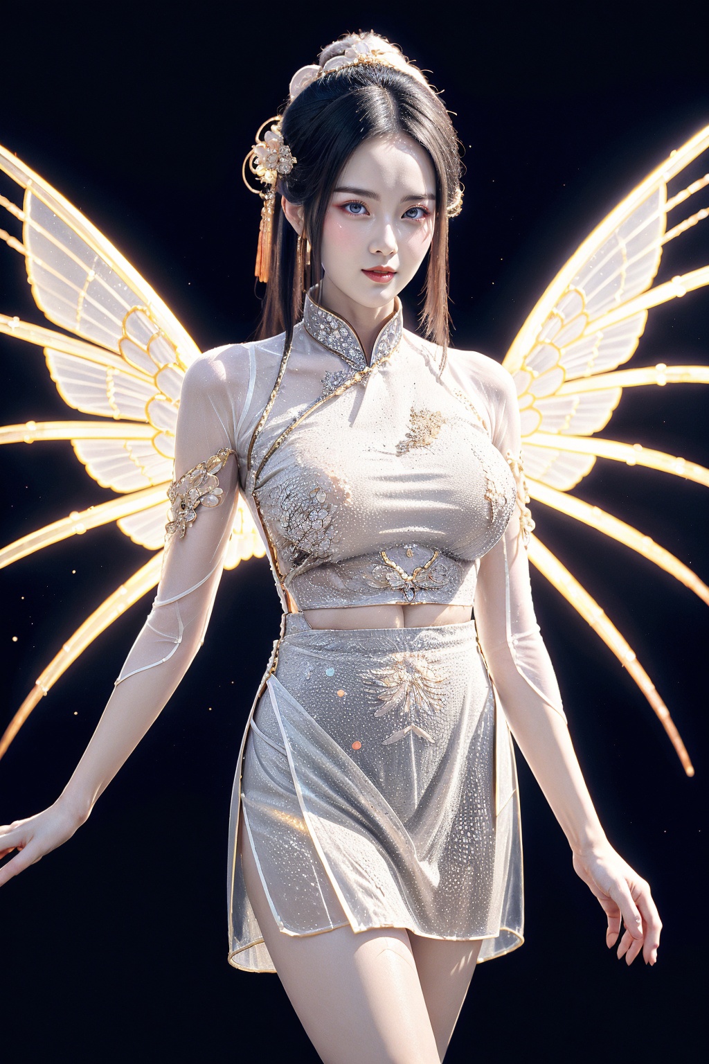 1girl, smirk, solo, multicolored crystal and gem, (see-through white chinese clothes:1.5), long hair, (short skirt:1.3), glowing, large breasts, wings, (glowing see-through:1.4), leotard, bare shoulders, (glowing light particles background:1.3),