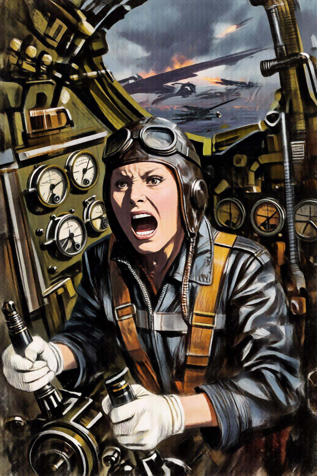 giannirenna2q illustration. A female pilot screaming inside the cockpit of a World War II bomber. The pilot,  wearing a vi...
