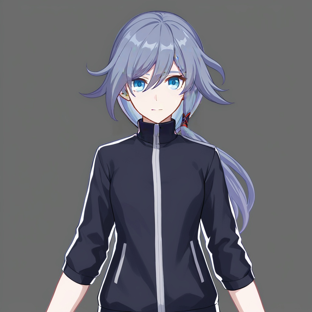 (grey background:1.2),(SOLO:1.4),outline,simple background,(((,standing,looking at viewer,arms at side))),  fu_hua, fu_hua cgver, long hair, bangs, blue eyes, hair between eyes, ponytail, hair ornament, grey hair, blue hair, smile, earrings, fu hua, jacket<lora:符华-a3xl:0.8>