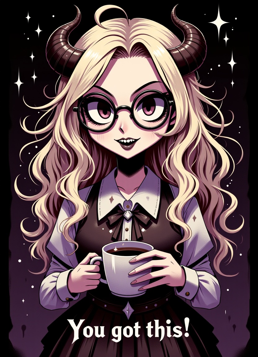 Young woman SFW holding empty coffee mug with wavy long platinum blonde hair teeth glasses horns on a dark background with...