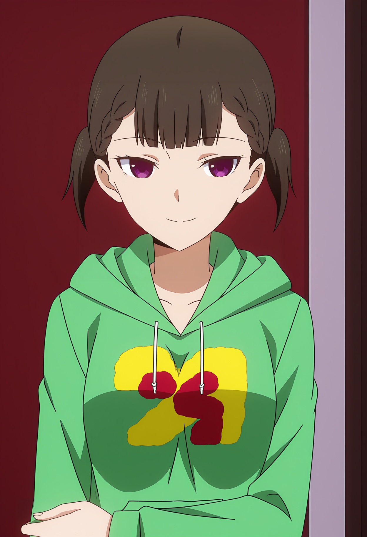<lora:Shijiyou Maki_illustrious-000010:1>,1girl,solo,Shijiyou Maki,solo,hood,hoodie,smile,green hoodie,closed mouth,upper body,braid,long sleeves,anime screencap,
