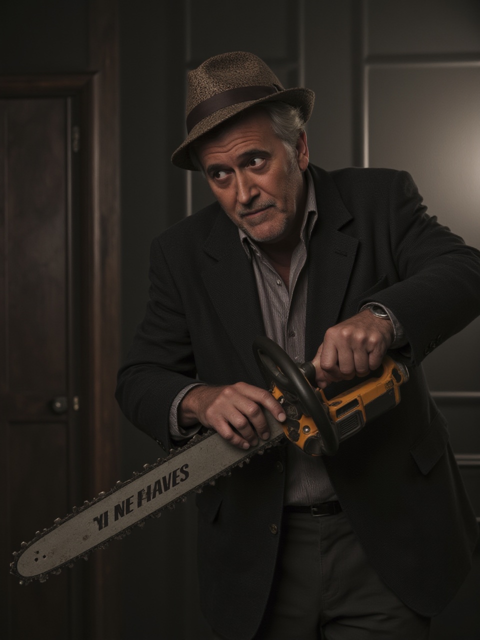 8ruc3c4mp83ll An elderly man dressed as a detective,  in a noir setting,  using a chainsaw instead of a magnifying glass t...