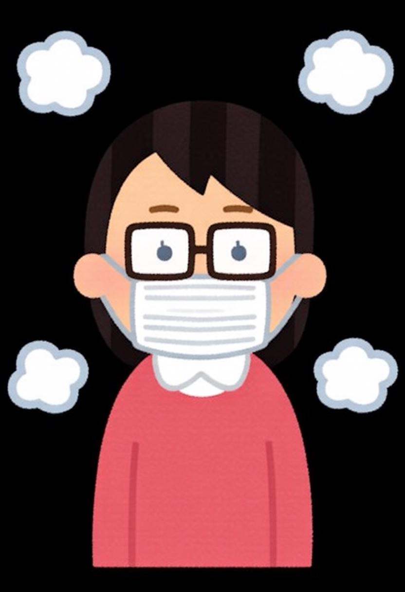 irasutoya3q illustration. A woman wearing a white mask and glasses,  dressed in a red sweater. Surrounding her are three p...