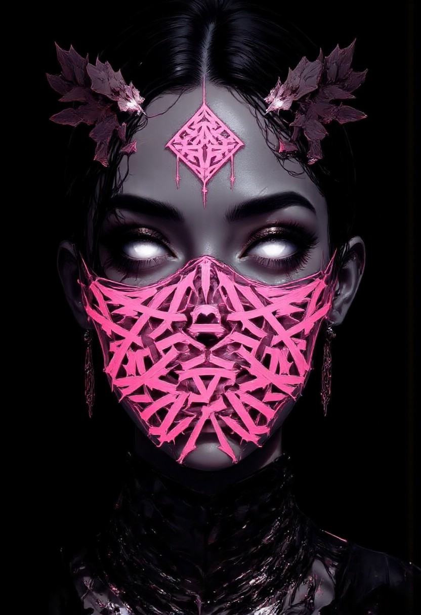 This is a digital artwork in a high-contrast,  adding a cyberpunk aesthetic. Her eyes are glowing white,  ornate headpiece...