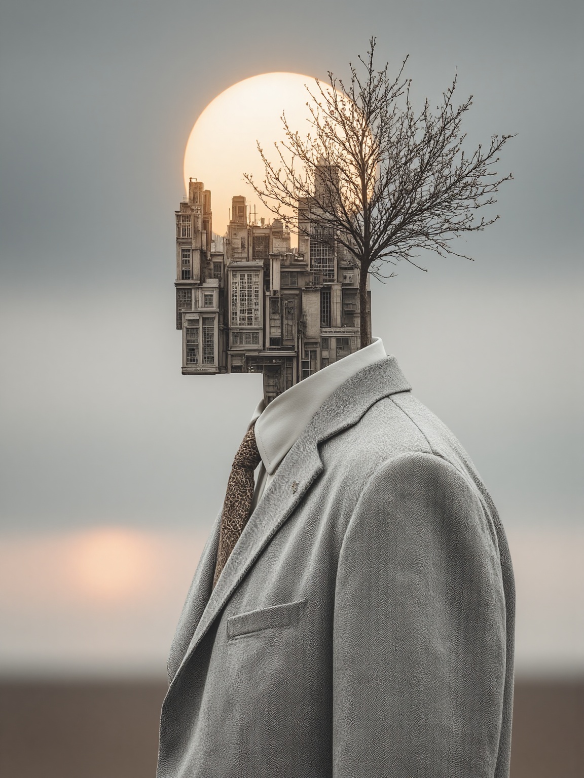 Business creativity,  A surreal photograph of a man's head replaced with a cityscape,  blending urban and nature elements....