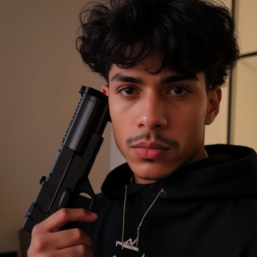 Edgar type guy posing with gun,  aesthetic,  thug vibe Latino man on Tensor.Art