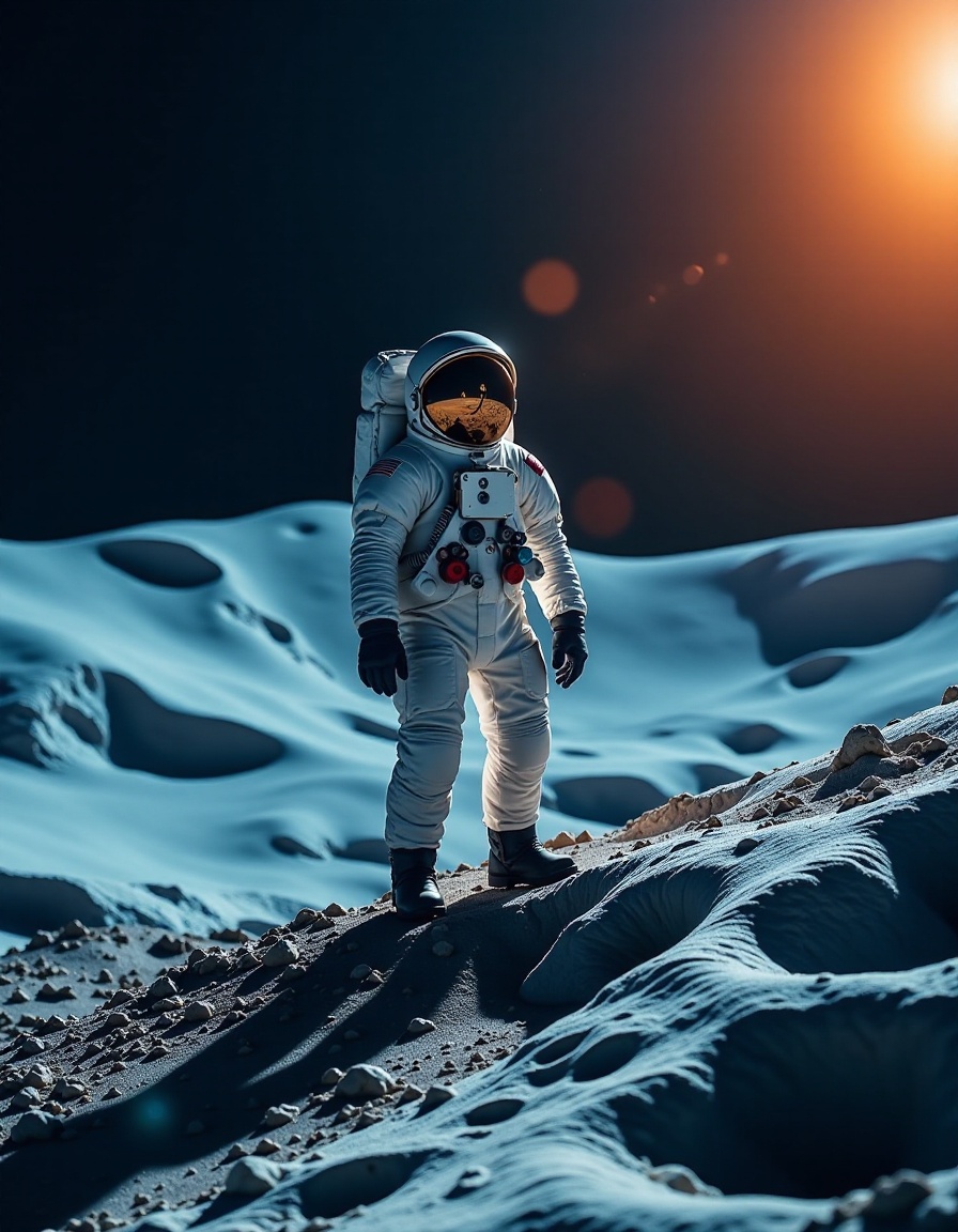 neolight,  an otherworldly portrait of a lone astronaut standing on the edge of a cratered moon landscape under dramatic s...