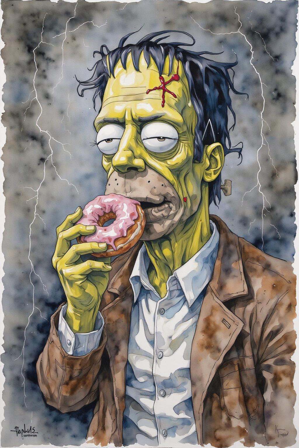 yawc1 watercolor.Homer Simpson dressed as Frankenstein,  eating a doughnut during a thunderstorm on Tensor.Art