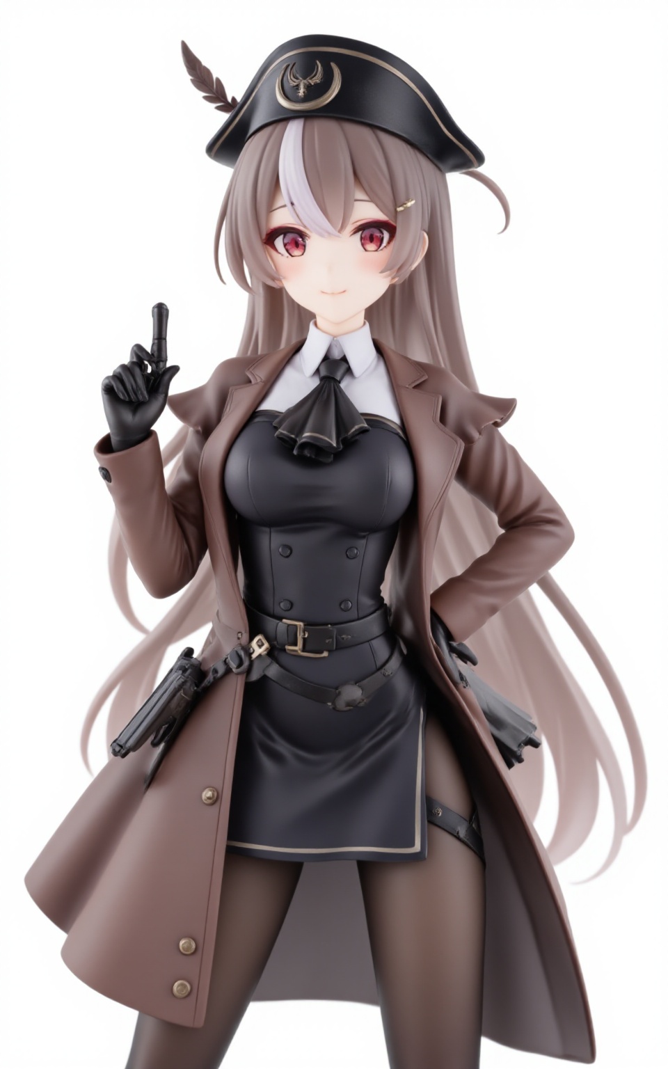 pvcstyle,1girl,black gloves, thighs, multicolored hair, smile, standing, gloves, white hair, sidelocks, white background, simple background, holding, brown hair, coat, hat feather, holding gun, brown coat, tricorne, long hair, black ascot, cowboy shot, black headwear, breasts, red eyes, hat, gun, black dress, long sleeves, dress, hand on own hip, solo focus, large breasts, closed mouth, weapon, ascot, streaked hair, looking at viewer, holding weapon,masterpiece, newest, absurdres, safe<lora:pvcstyle:1>​​​