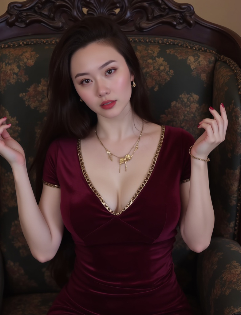 A stunning young woman in a wine-colored velvet dress with a deep V-neckline,  her golden chain necklace delicately restin...