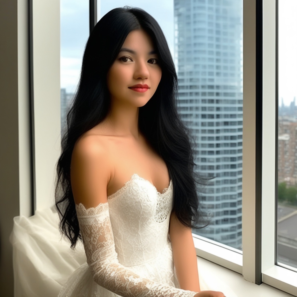 vnzxl,  Portrait of a stylish woman beside a city high-rise window,  long black hair on Tensor.Art
