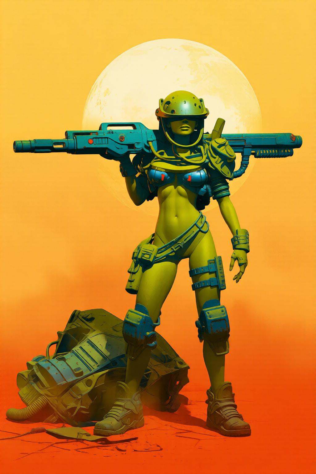 pascalblanche2q illustration.An armored woman standing on an orange-hued landscape. She is wearing greenish-blue armor wit...