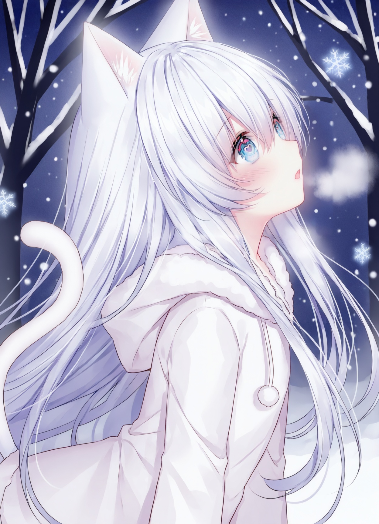 masterpiece, best_quality,high_quality,guo jiang mullay, loli,chen_bin,heart-shaped eyes,onineko,1girl, animal ears, tail, blue eyes, solo, cat tail, cat ears, cat girl, white hair, hood, long hair, animal ear fluff, hood down, outdoors, snow, blush, parted lips, upper body, tree, snowing, winter, snowflakes, fur trim, breath, looking up, hooded jacket, from side<lora:guo_jiang-R2-lokr-f4-000040:0.85>