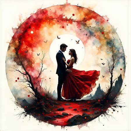 circle shaped ink splatter art,  ink wash painting,  red dancing couple on Tensor.Art